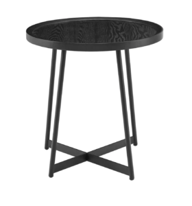 Small black coffee table with black stained wood top and black steel modern legs