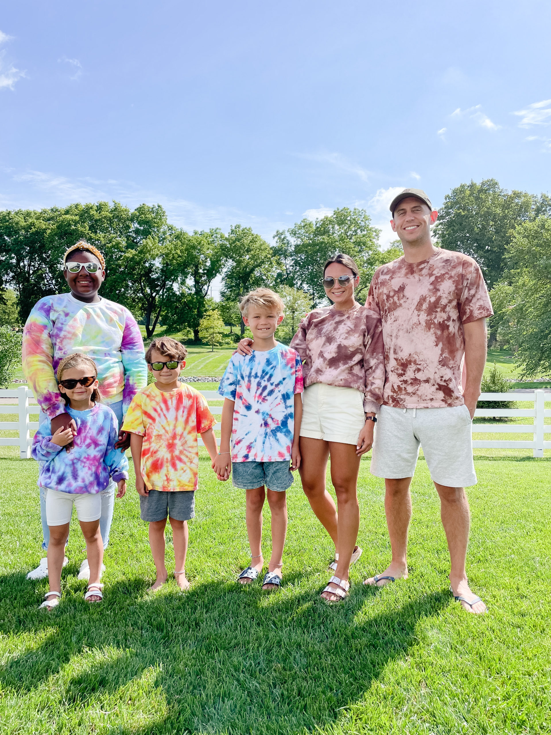 tie dye shirt "after" image of the family. Everyone has multiple colors and patterns! Summer fun bucket list activity